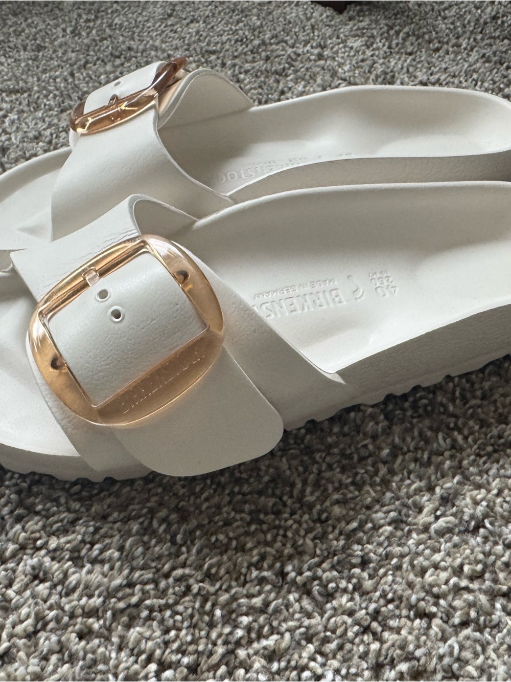 Birkenstock White Slide Sandals with Gold-Tone Buckles - Picture 2 of 4